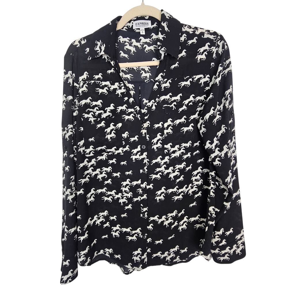 Express Womens The Portofino Shirt Horse Print Button Blouse Sz M Whimsical Corp